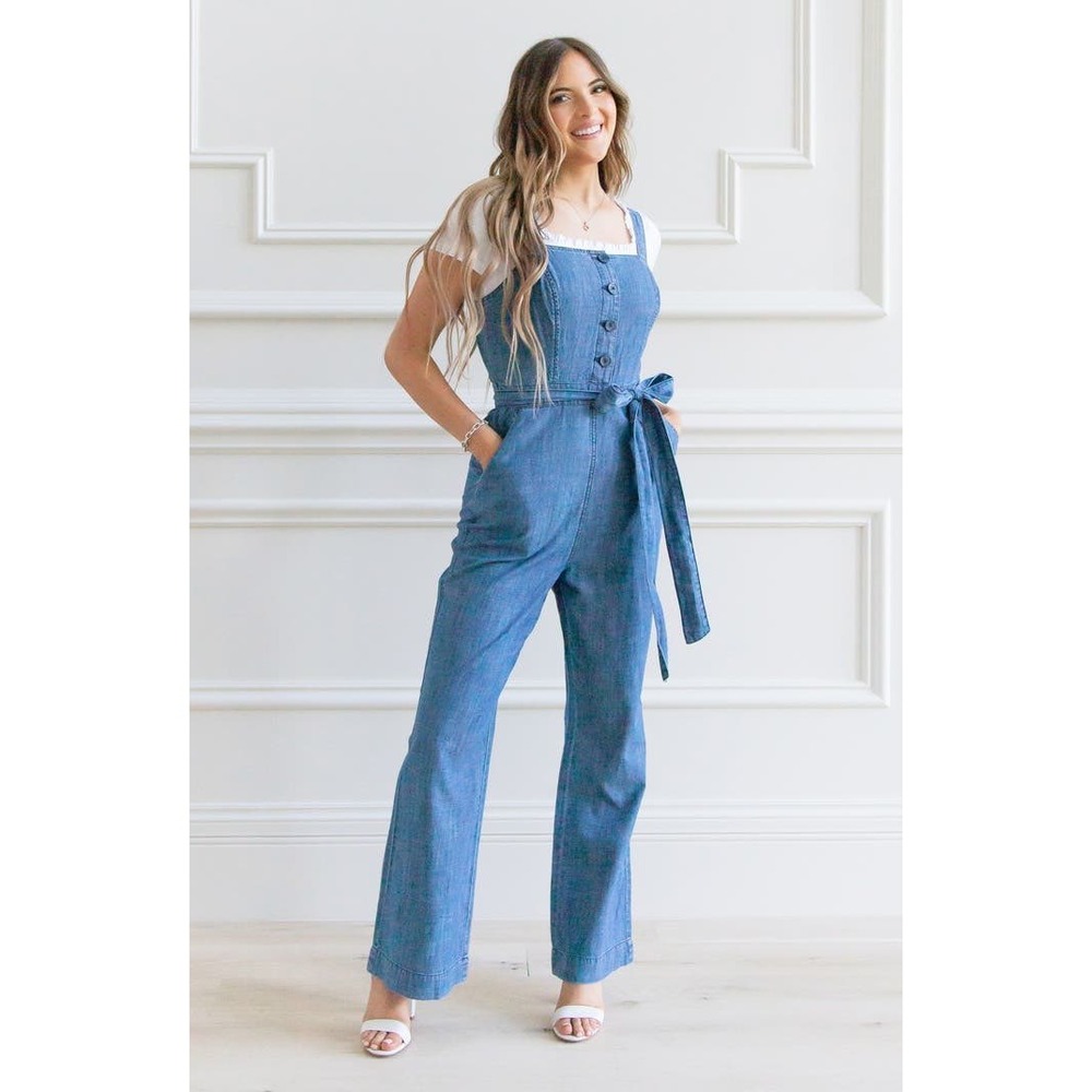 Rachel Parcell Overall Jumpsuit Blue Denim Wide Leg Jumpsuit Button Front Large